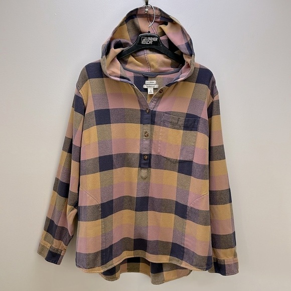 LL Bean Soft Brushed Plaid Flannel Pullover Hoodie 1X Relaxed Fit Pockets Comfy - Picture 14 of 15
